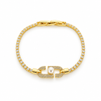 Stainless steel tennis bracelet featuring an embellished link and a pearl.