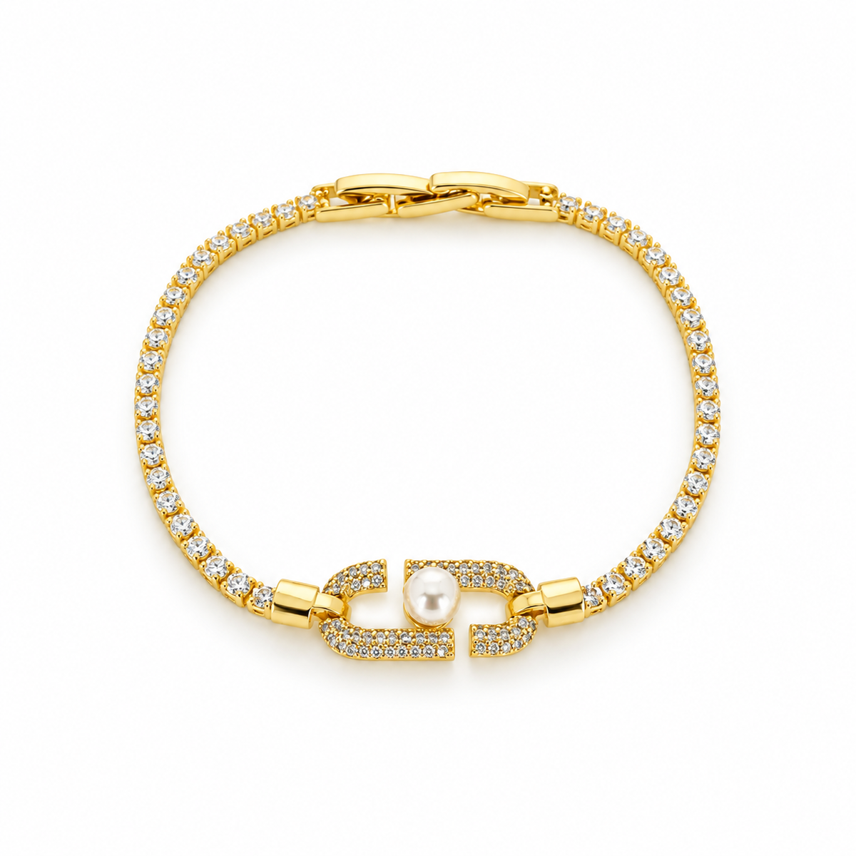 Stainless steel tennis bracelet featuring an embellished link and a pearl.