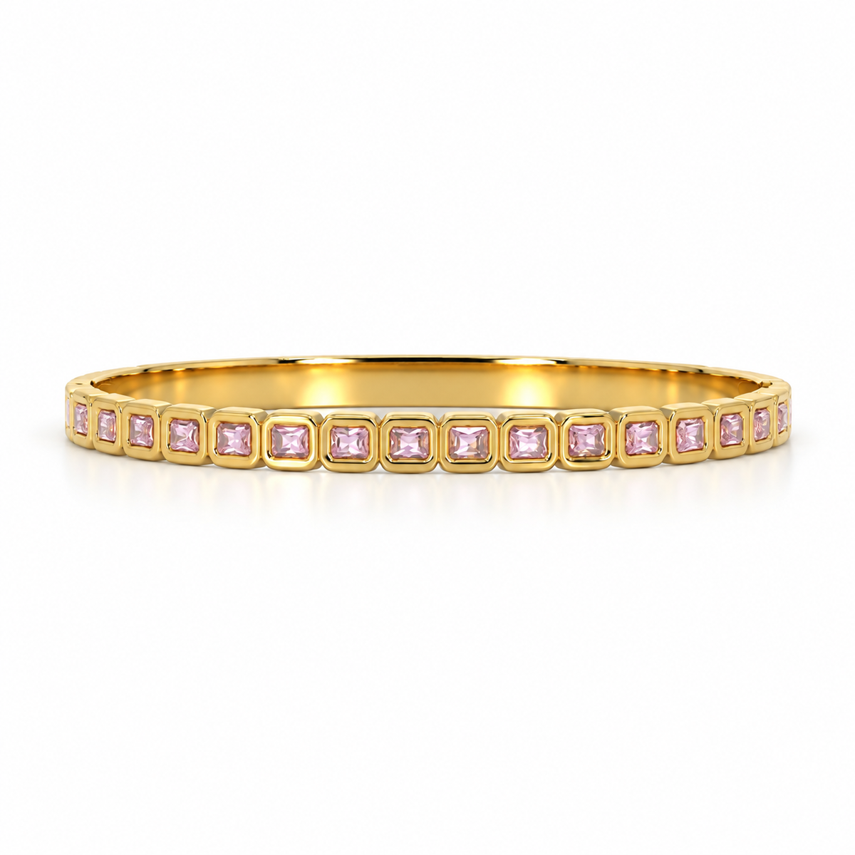 Stainless steel bracelet with square links and pink zircon.