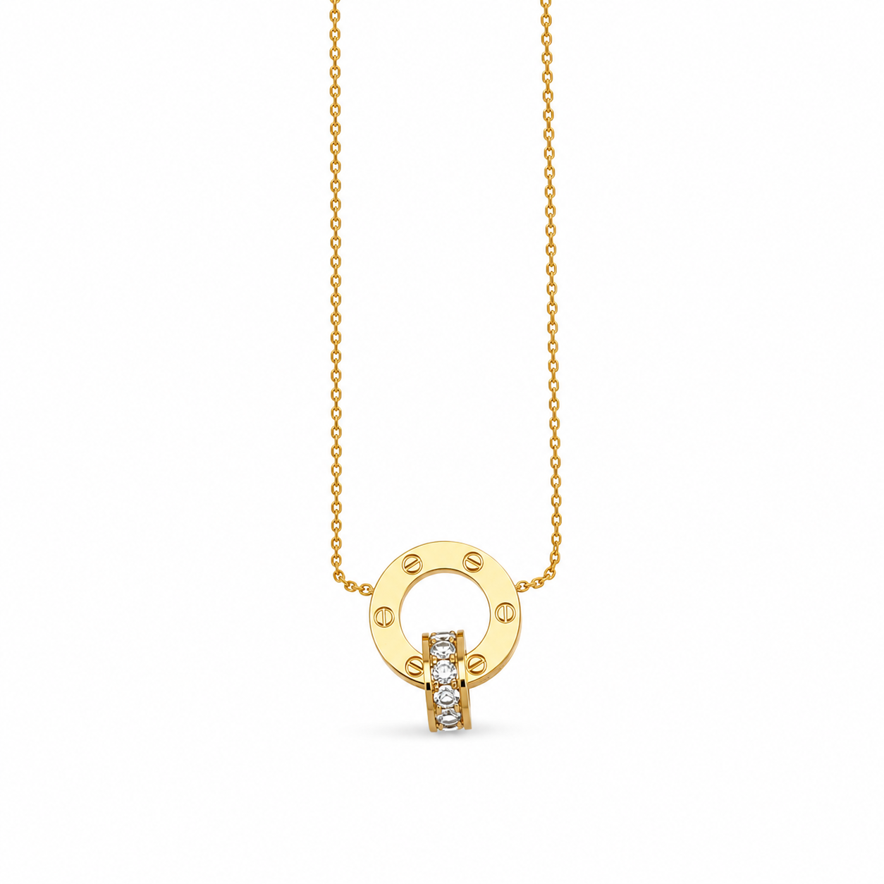 Gold-plated stainless steel necklace with a ring pendant and crystal-studded centerpiece.