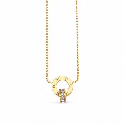 Gold-plated stainless steel necklace with a ring pendant and crystal-studded centerpiece.