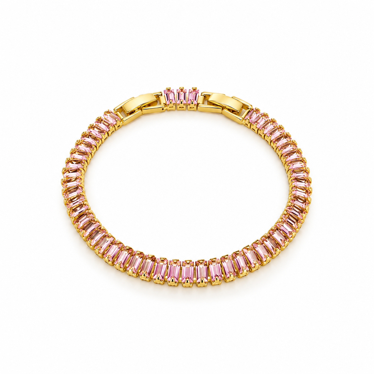 Gold-tone stainless steel tennis bracelet set with pink zircon stones.