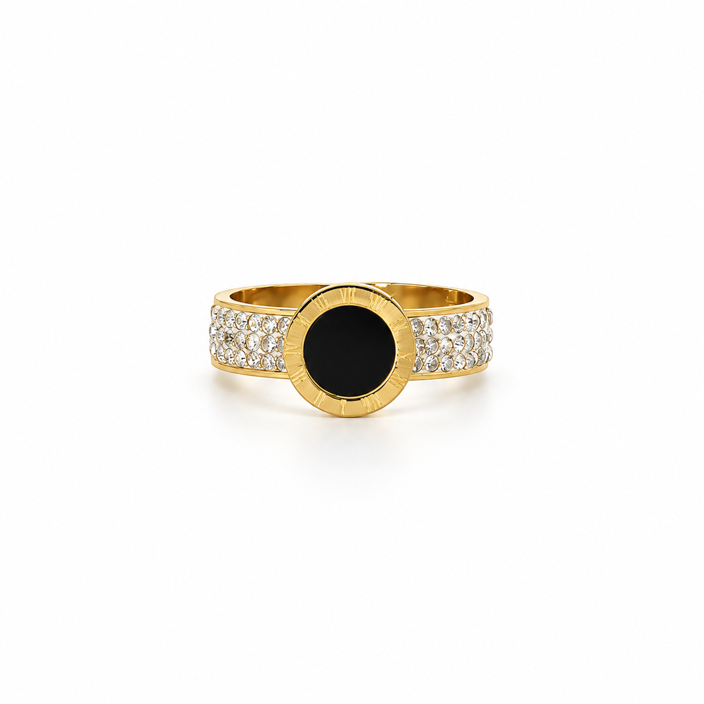 Open stainless steel ring with a black disc and Roman numerals.