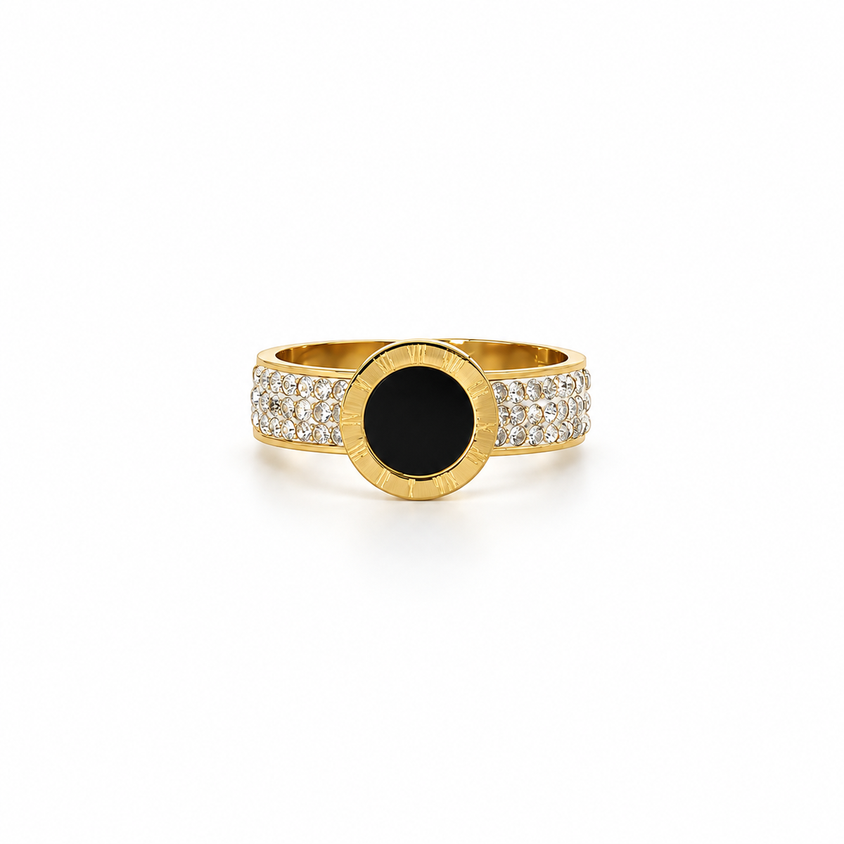 Open stainless steel ring with a black disc and Roman numerals.