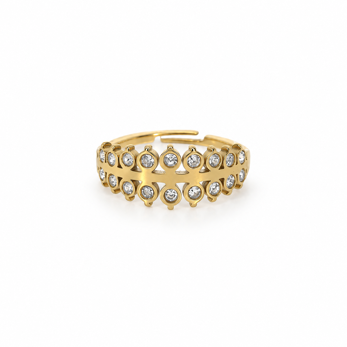 Open stainless steel ring with two rows of crown zircon