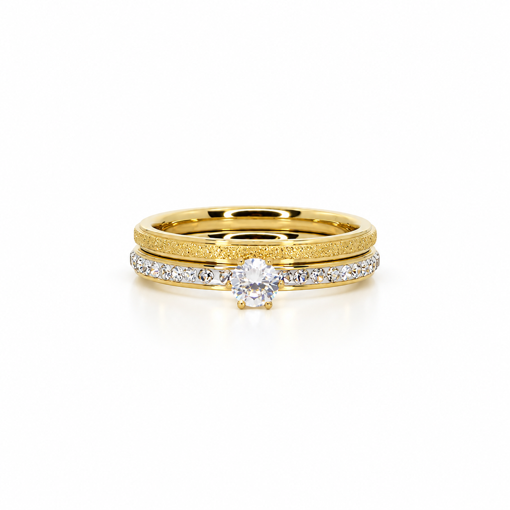 Double stainless steel ring set featuring a round stone and a sandblasted finish.