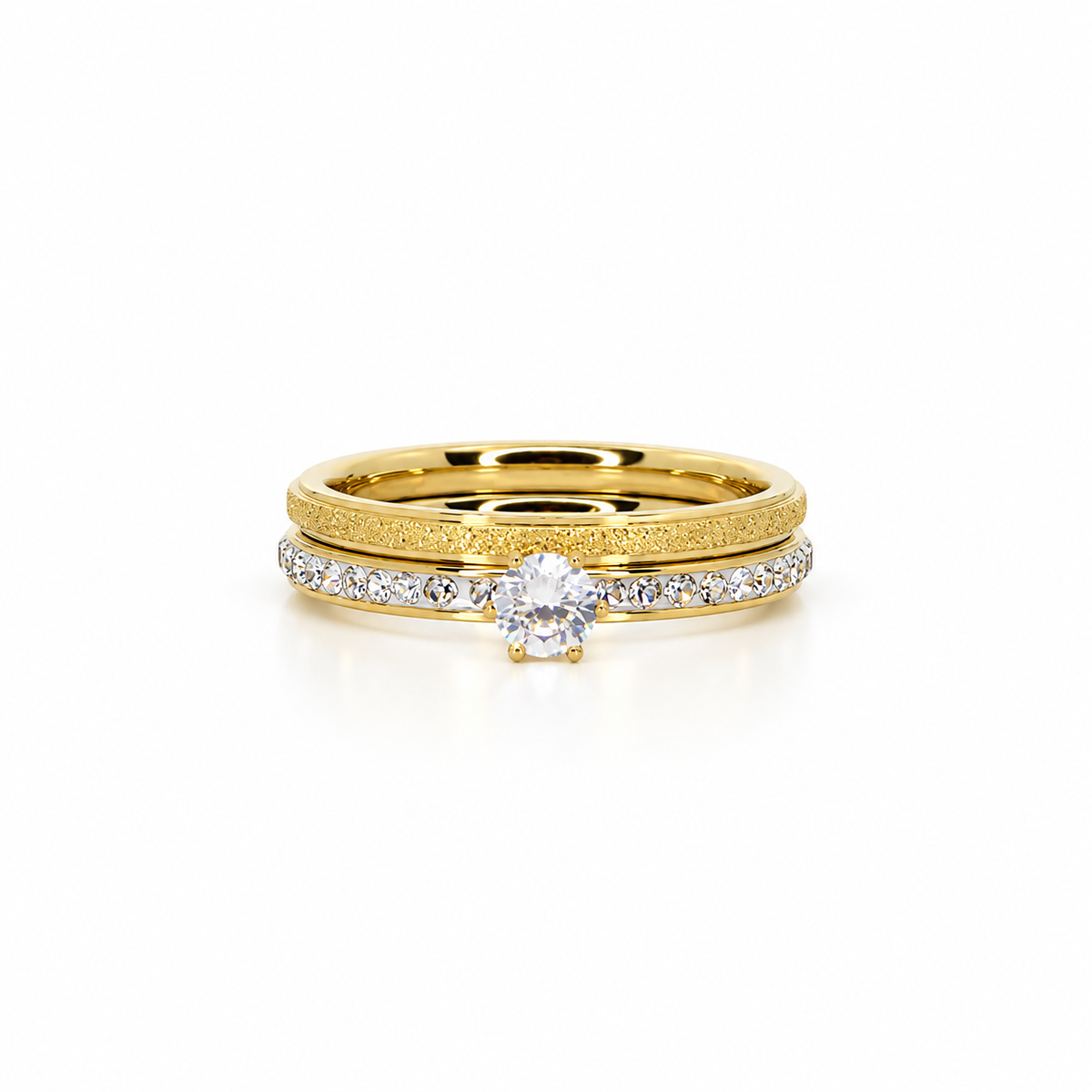 Double stainless steel ring set featuring a round stone and a sandblasted finish.
