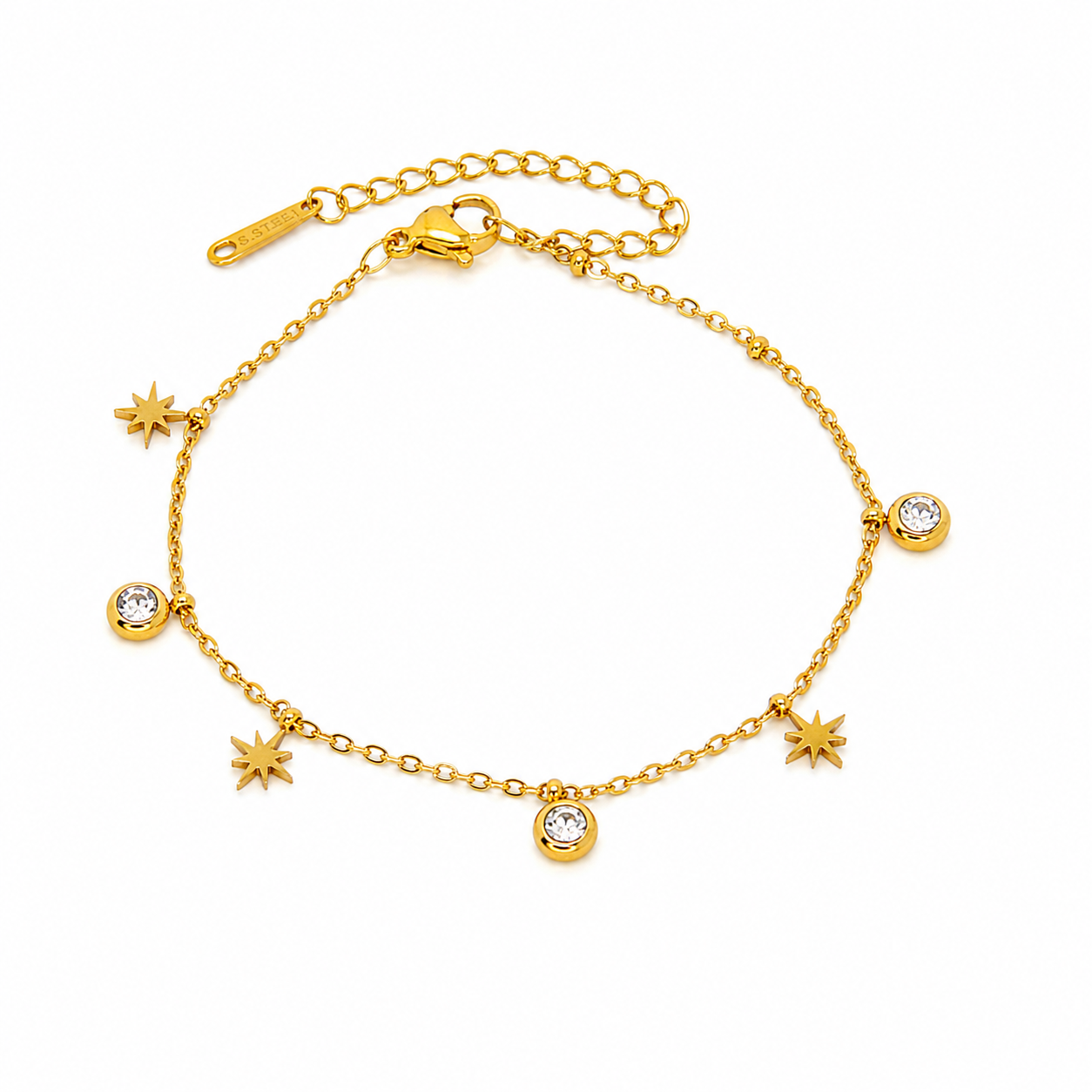 Gold-plated stainless steel bracelet with a star and crystal dangling design