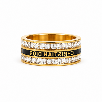 Luxury stainless steel ring adorned with crystals and black enamel – gold plated