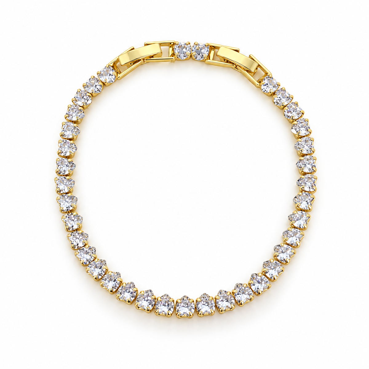 Gold-tone stainless steel tennis bracelet featuring heart-shaped zirconia stones.