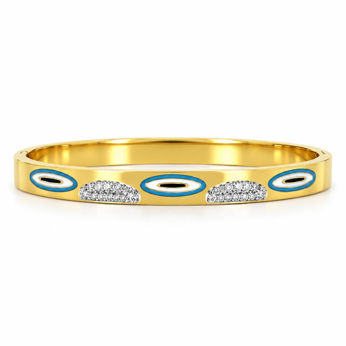 Stainless steel bracelet with a blue eye and embellishments.