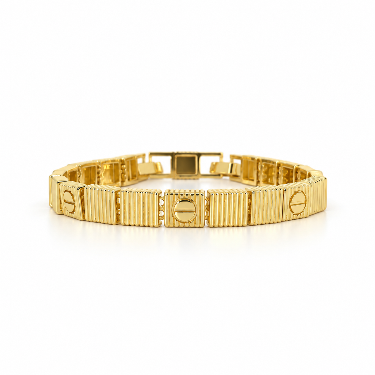 Gold stainless steel bracelet featuring a faceted cube design and screw engravings.