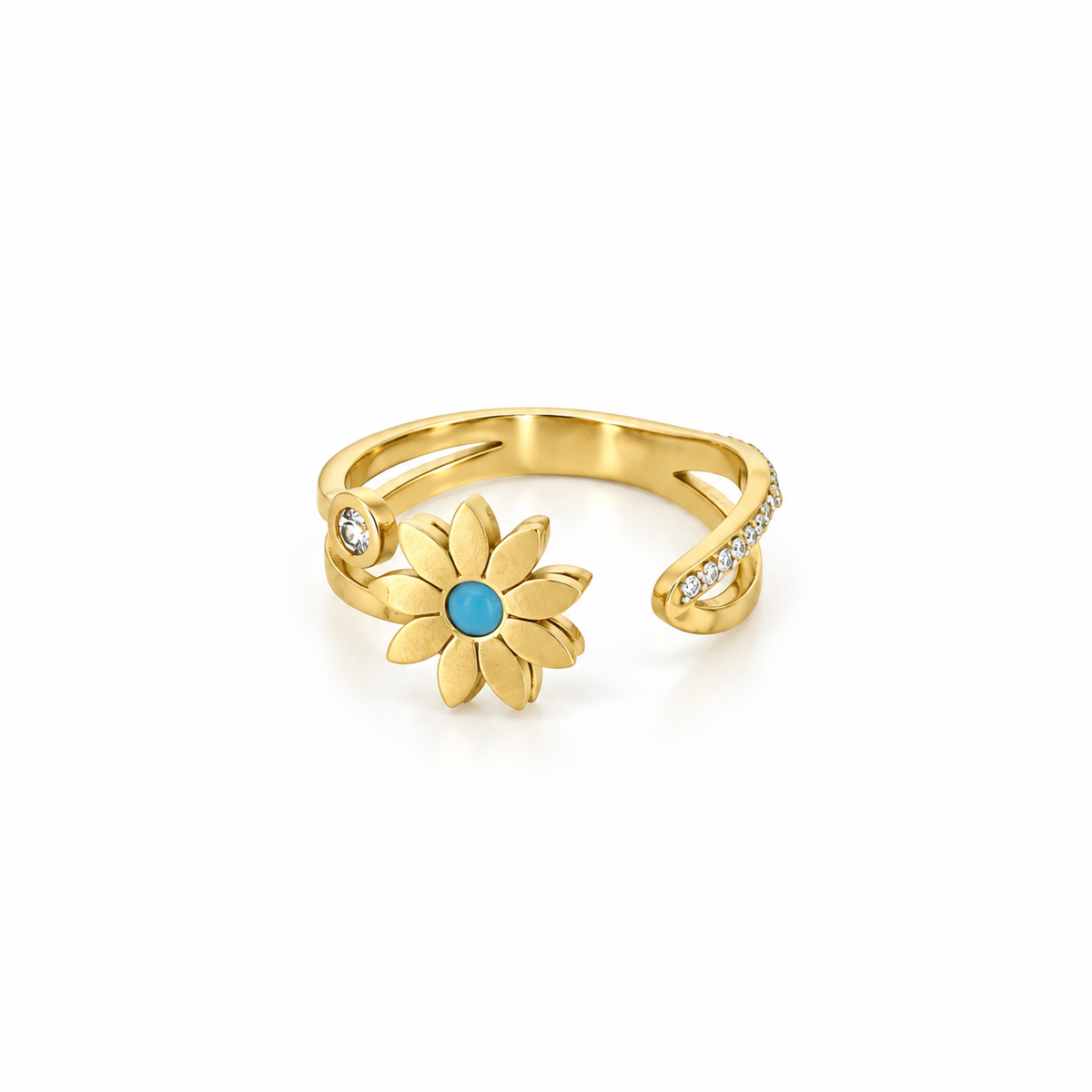 Stainless steel ring featuring a daisy flower, turquoise, and zircon.