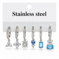Silver stainless steel earring set (3 pairs) with crystal and blue stone pendants.