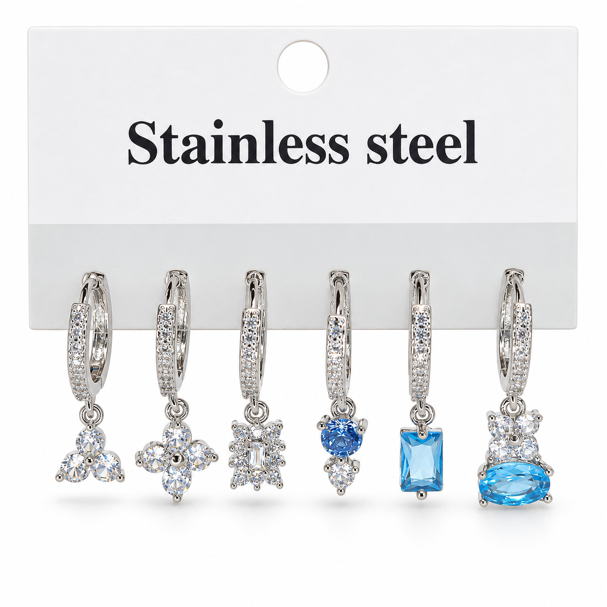 Silver stainless steel earring set (3 pairs) with crystal and blue stone pendants.