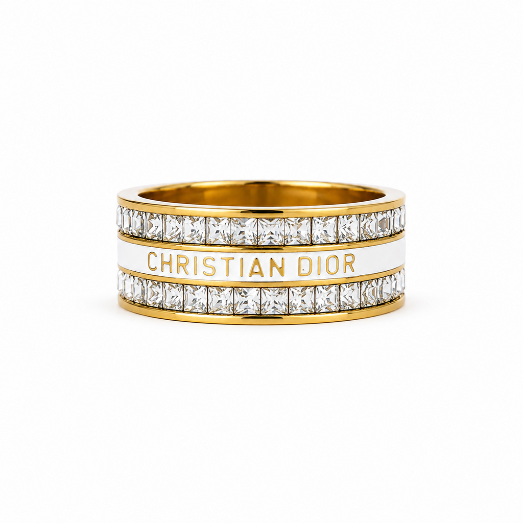 Luxury stainless steel ring adorned with crystals and white enamel – gold plated
