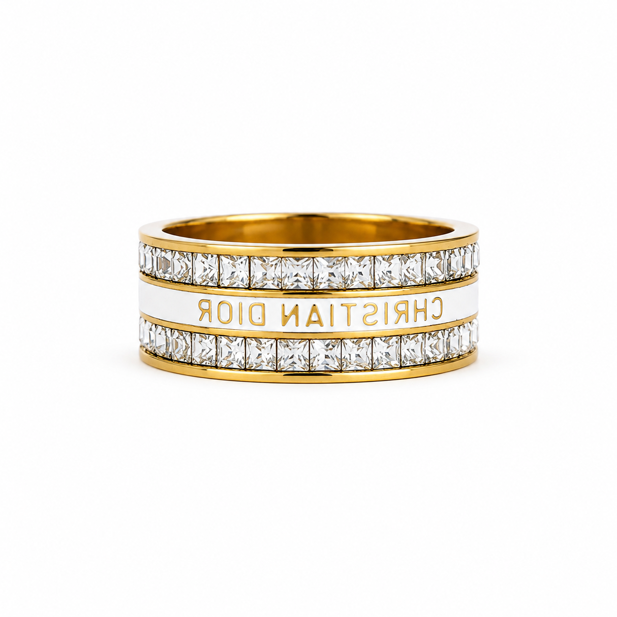 Luxury stainless steel ring adorned with crystals and white enamel – gold plated