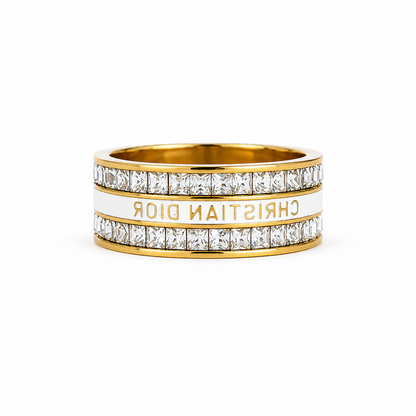 Luxury stainless steel ring adorned with crystals and white enamel – gold plated