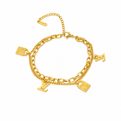Gold-plated stainless steel bracelet with a two-layer design and elegant lock charms