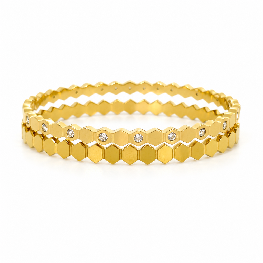 Gold-plated stainless steel honeycomb design bracelet (2-piece set)