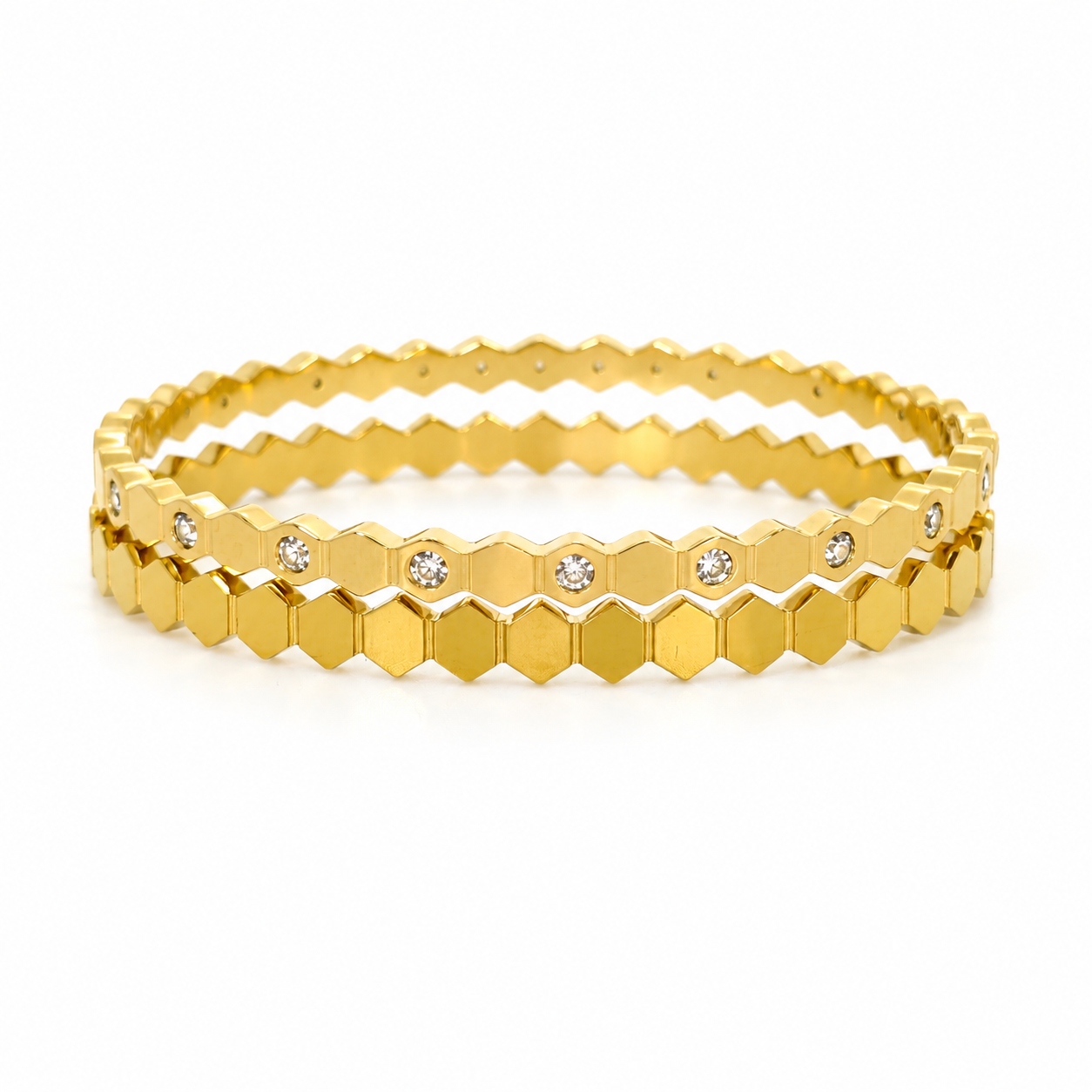 Gold-plated stainless steel honeycomb design bracelet (2-piece set)