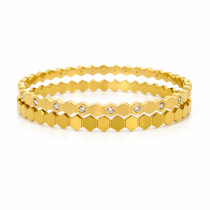 Gold-plated stainless steel honeycomb design bracelet (2-piece set)