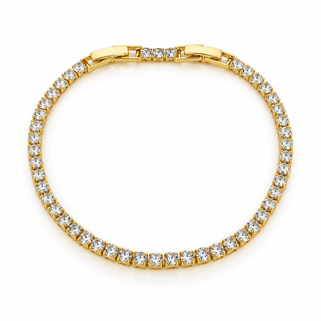 Gold-tone stainless steel tennis bracelet set with zircon stones.