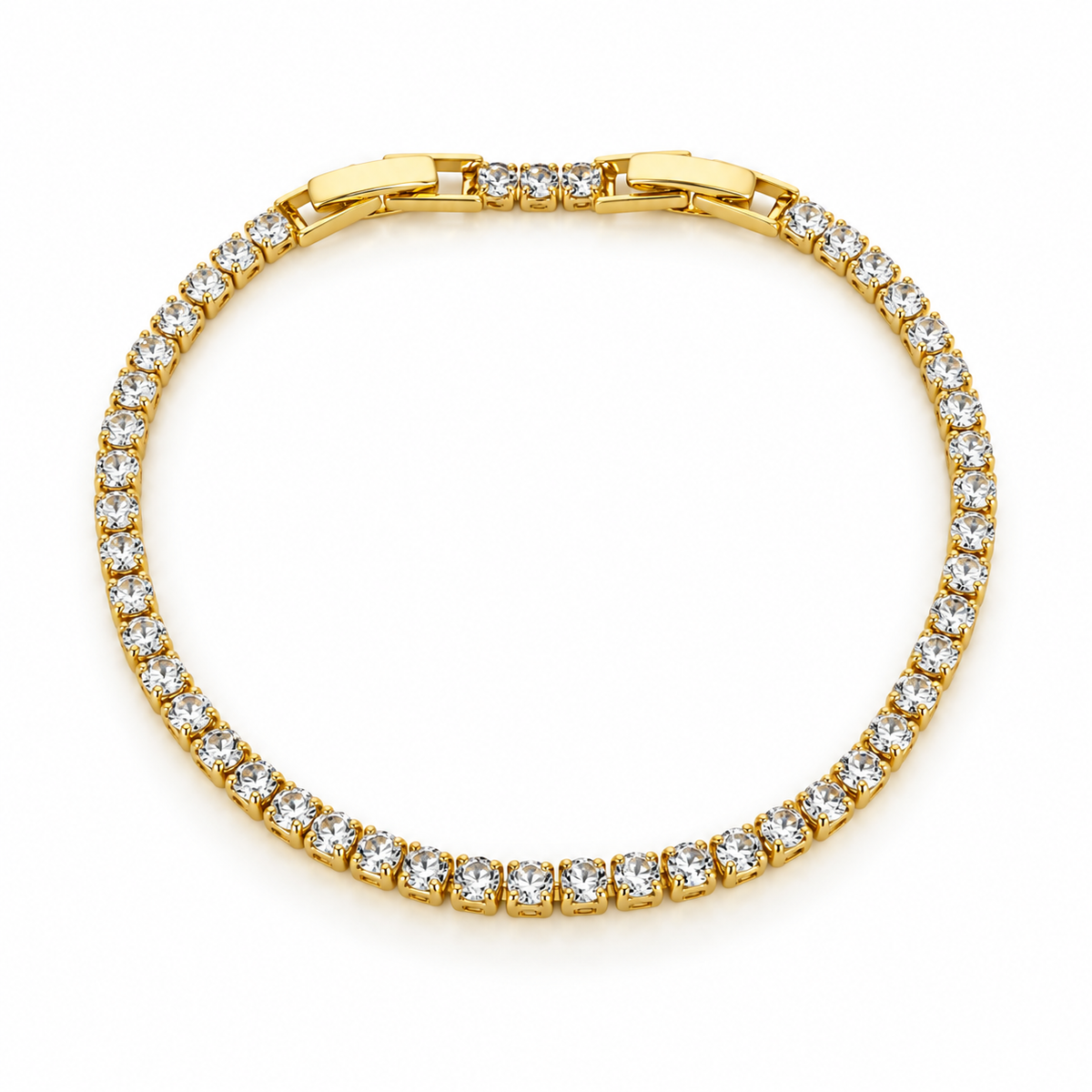 Gold-tone stainless steel tennis bracelet set with zircon stones.