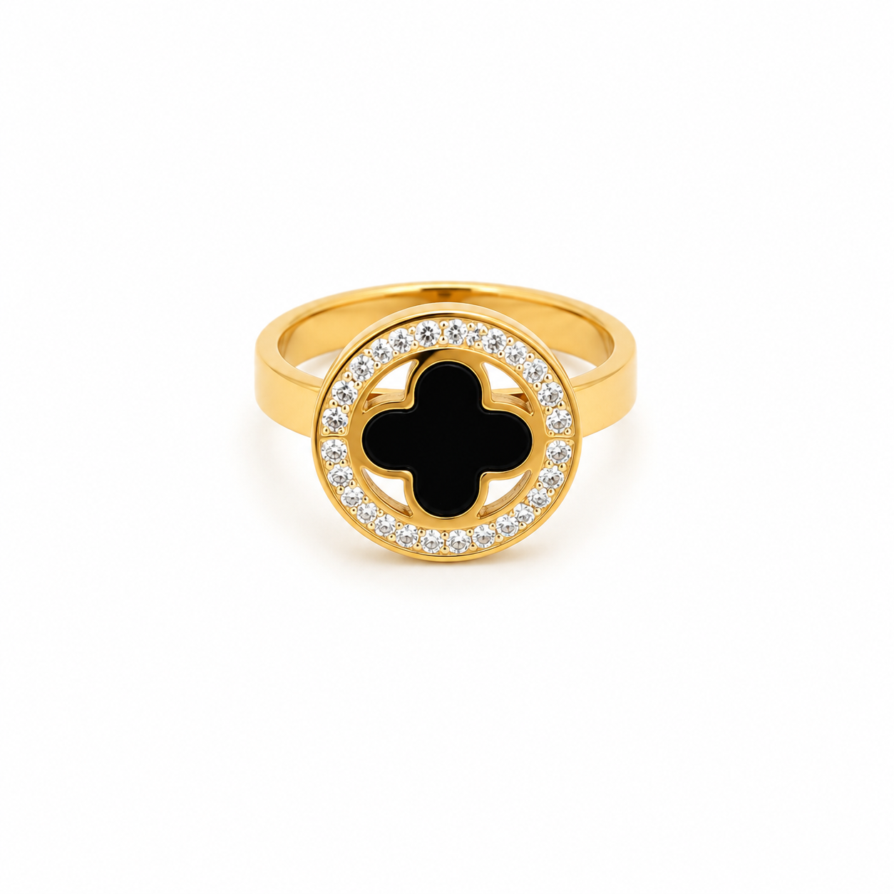 A round gold ring encrusted with turquoise with a black clover flower