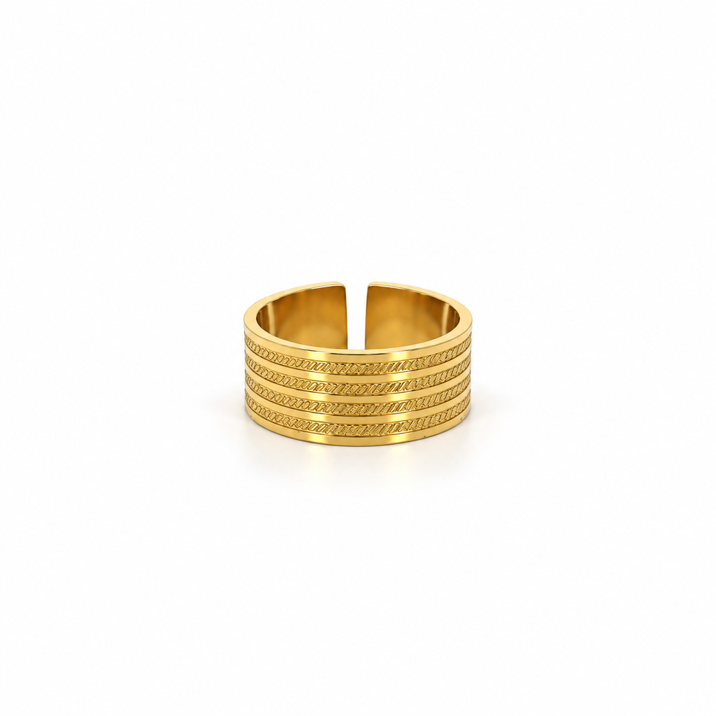 Open stainless steel ring with a wide surface and braided lines.