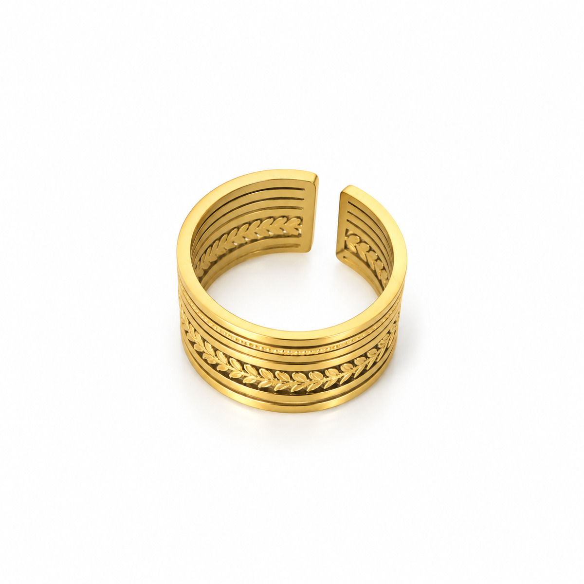 Double-layered open stainless steel ring with leaf engraving