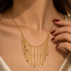 Stainless steel necklace featuring a cascading gold tassel design.