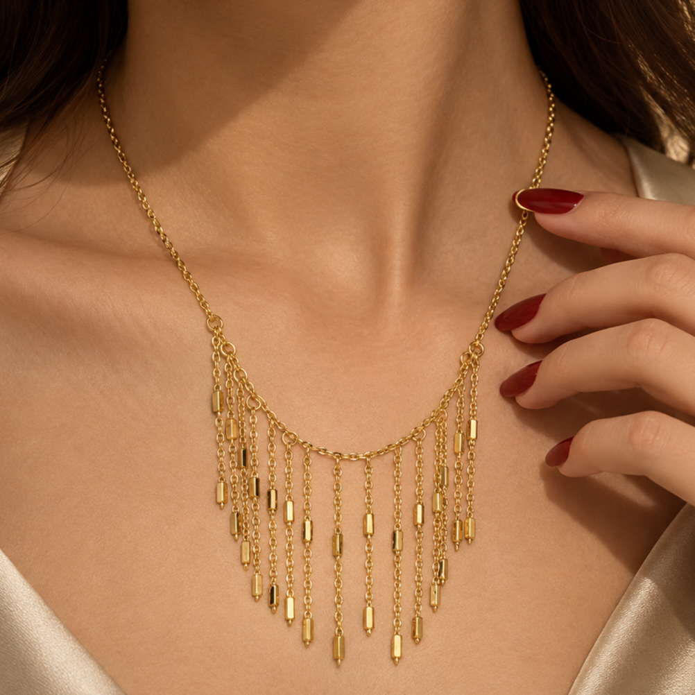 Stainless steel necklace featuring a cascading gold tassel design.