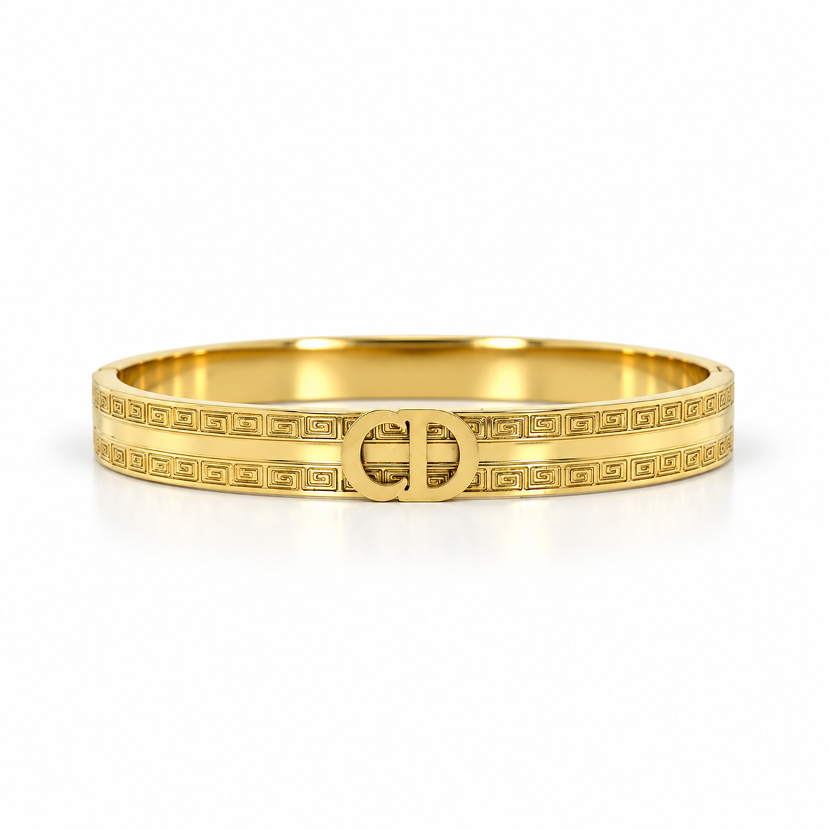 Stainless steel bracelet featuring the "CD" initials and a geometric pattern.