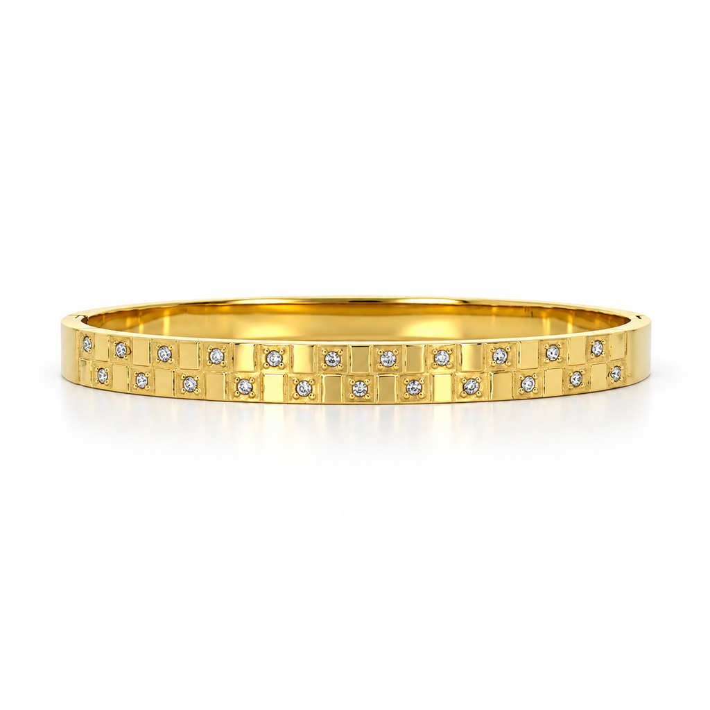 Stainless steel bracelet with a studded checkerboard pattern.
