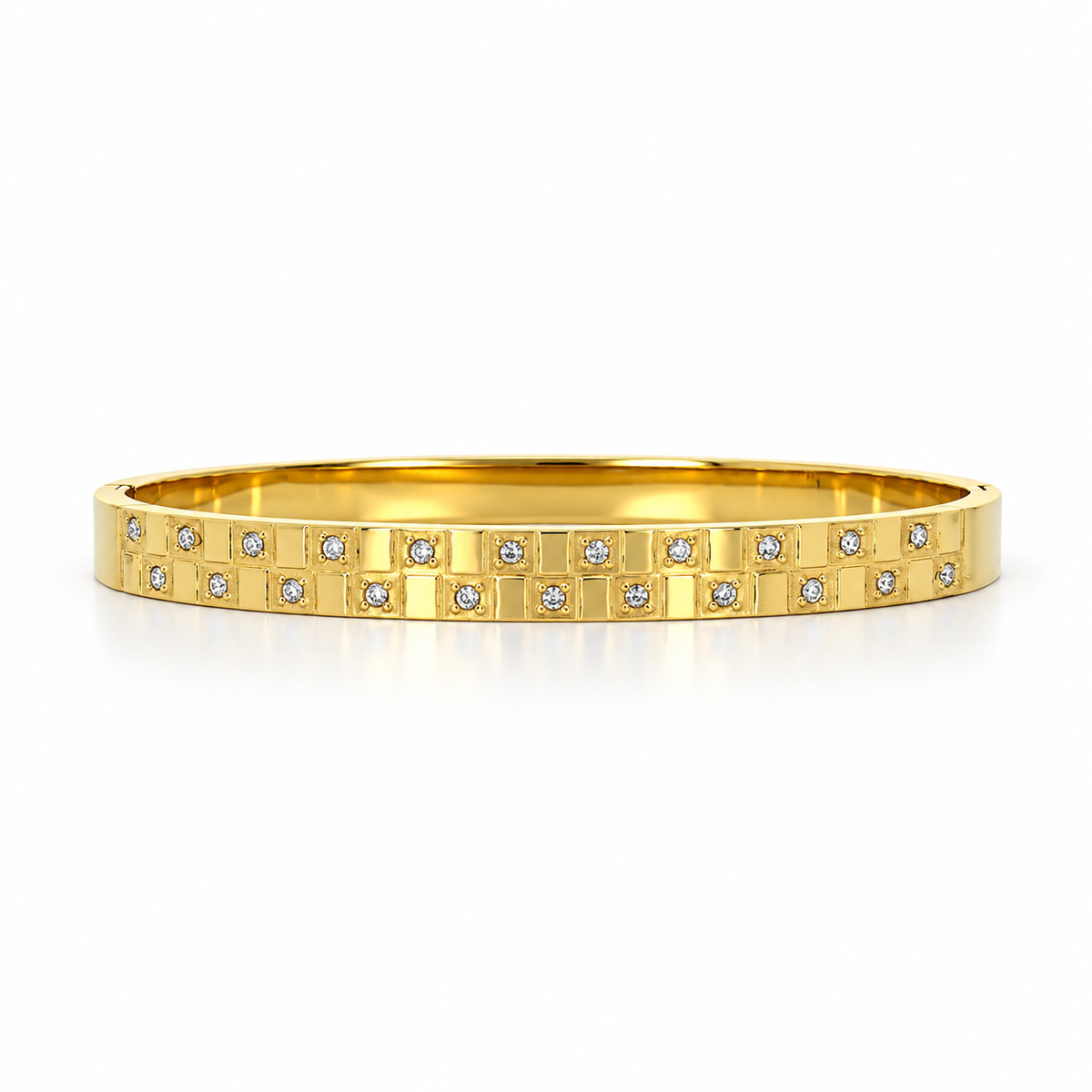 Stainless steel bracelet with a studded checkerboard pattern.