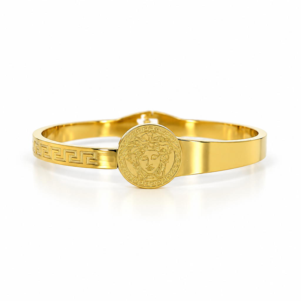 Stainless steel bracelet featuring the Medusa medallion and Greek key motif.