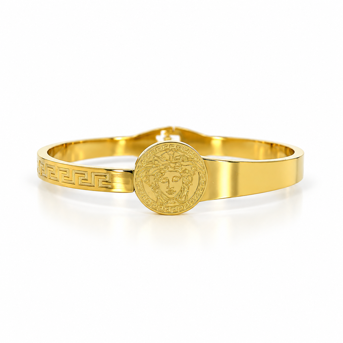 Stainless steel bracelet featuring the Medusa medallion and Greek key motif.
