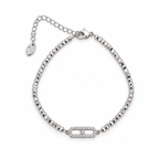 Stainless steel bracelet featuring silver beads and a rectangular, stone-set link.