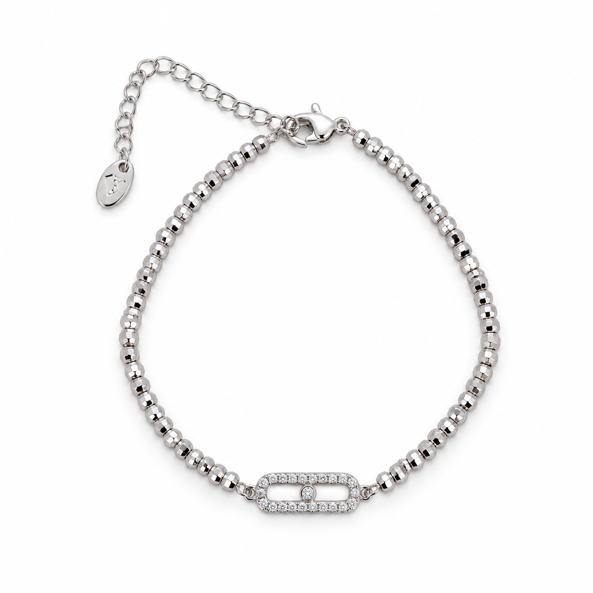 Stainless steel bracelet featuring silver beads and a rectangular, stone-set link.