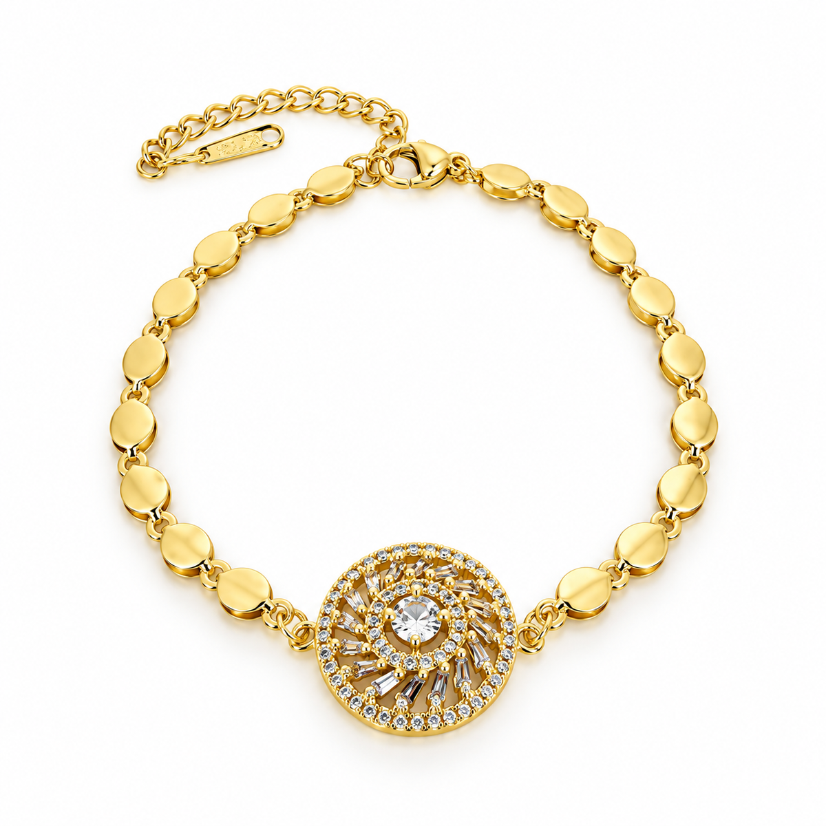 Gold stainless steel bracelet featuring a studded circular charm and a sun-eye motif.