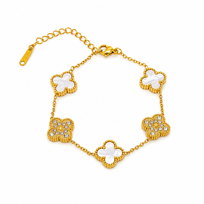 Gold-plated stainless steel bracelet with a lucky leaf design – white mother-of-pearl and crystal