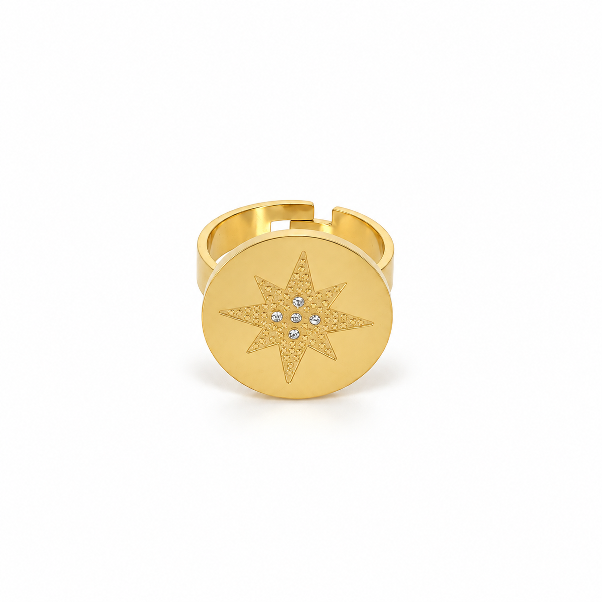 Open stainless steel ring featuring a circular disc and an embellished North Star.