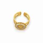 Open stainless steel ring with a gold coin and a shell-style rim.