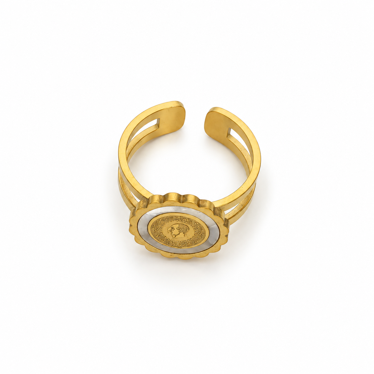 Open stainless steel ring with a gold coin and a shell-style rim.