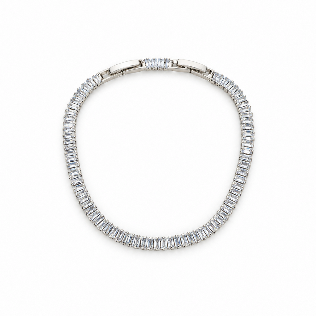 Stainless steel tennis bracelet set with rectangular zirconia.
