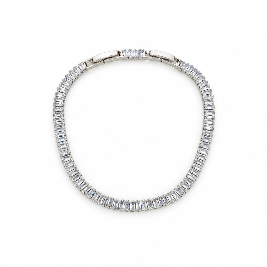 Stainless steel tennis bracelet set with rectangular zirconia.