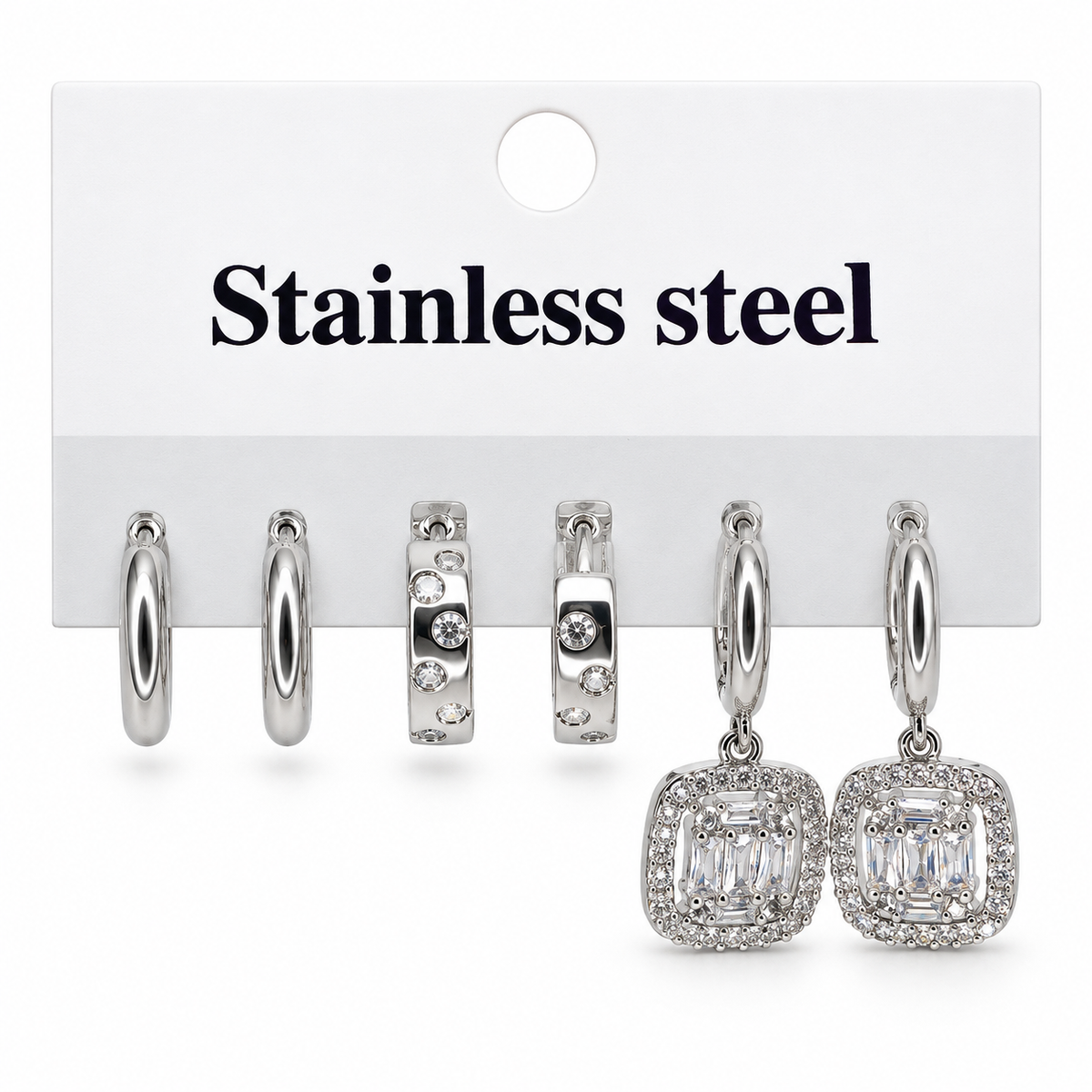 Silver stainless steel earring set (3 pairs) featuring studded designs and a square pendant.