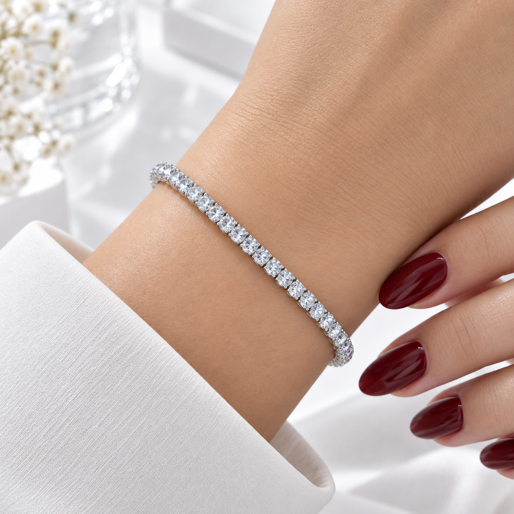 Stainless steel tennis bracelet set with square-cut cubic zirconia.