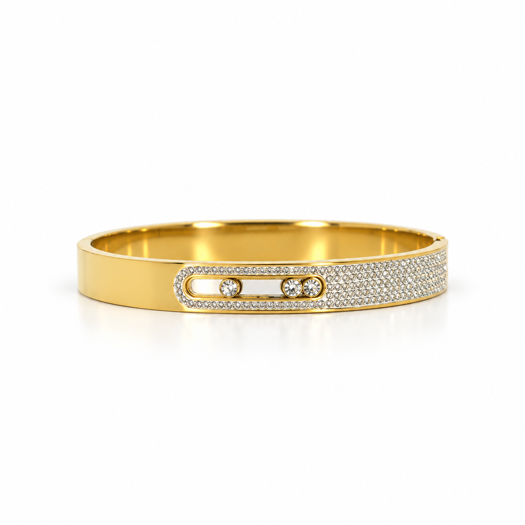 Gold-tone stainless steel bracelet featuring moving, stone-studded elements.
